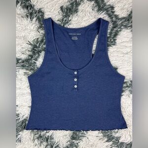 American Eagle Women's Henley True Tank Blue Size XLarge Cropped